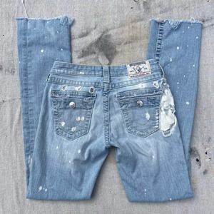 Distressed thrashed True Religion Slim straight jeans